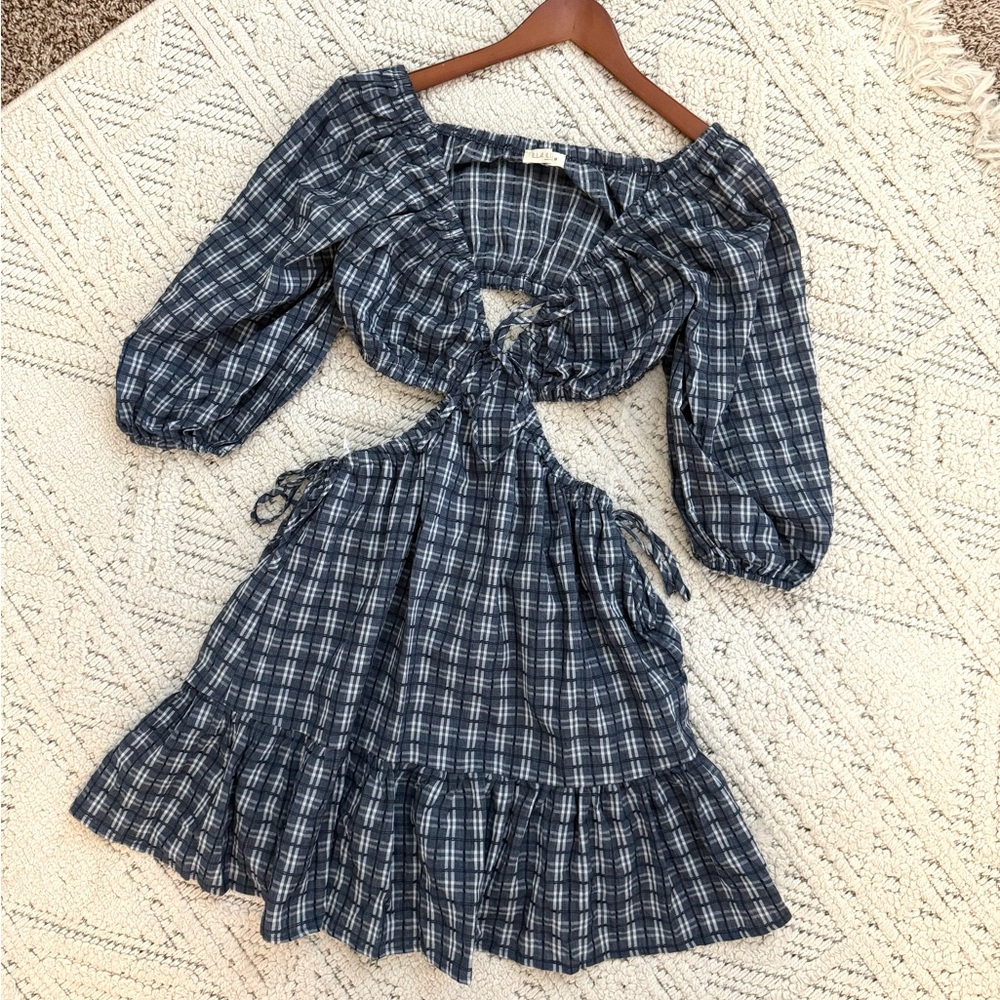 ILLA ILLA Navy Plaid Dress Size M | Playful Cutout & Tie Details